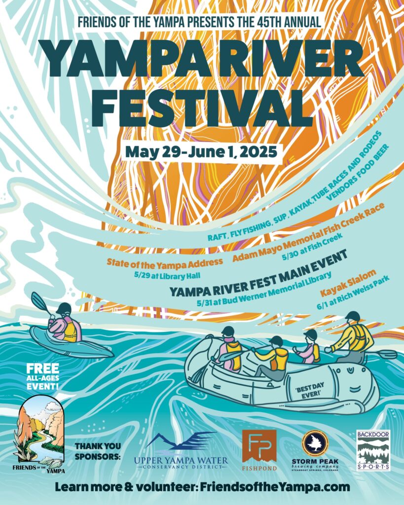 This years flyer for the Yampa River Festival, featuring a digitally created picture of people rafting on the yampa river