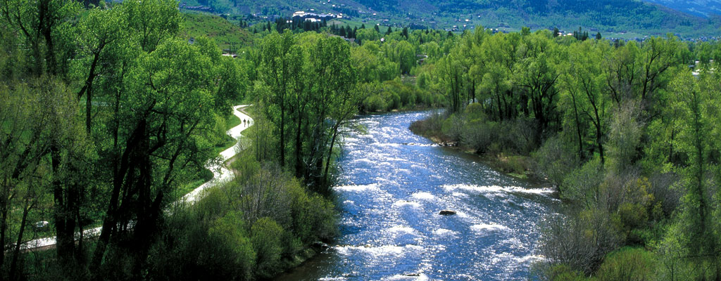 Scenic view of the Yampa River surrounded by lush green trees and hills, highlighting a popular tubing destination in Steamboat Springs.